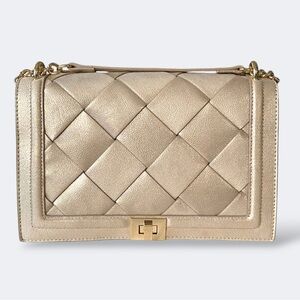 Pearl Champagne Woven Flap Shoulder Bag Bottega Cassette Style Gold Hardware